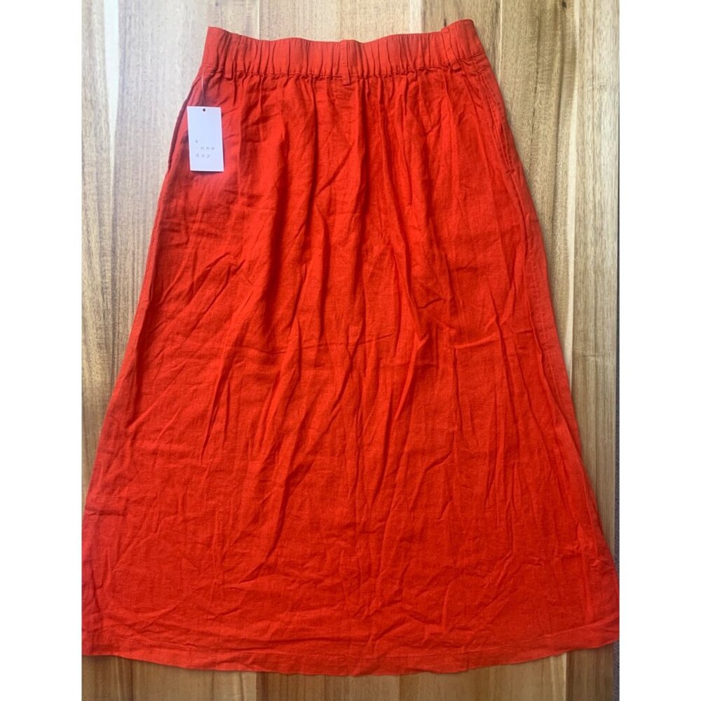 A New Day Womens Casual Red Linen Blend A-Line Midi Skirt With Pockets Medium - Picture 5 of 10